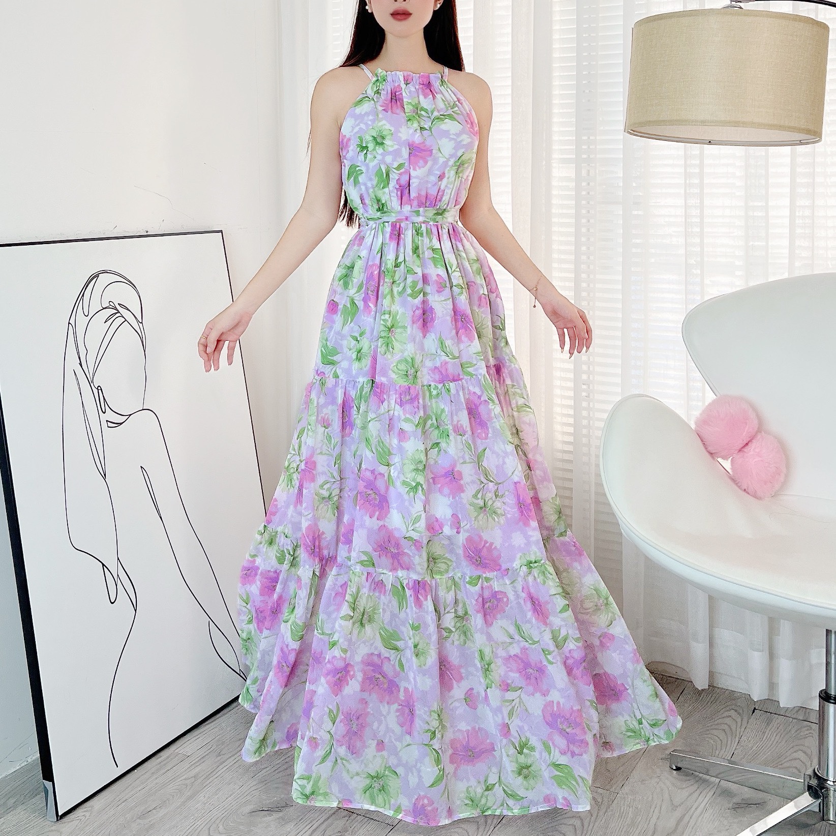 Đầm Maxi MIMIX Cổ Yếm Phối Hoa Dáng Dài Xòe Mùa Hè Phong Cách Thanh Lịch Đi Biển BX7245