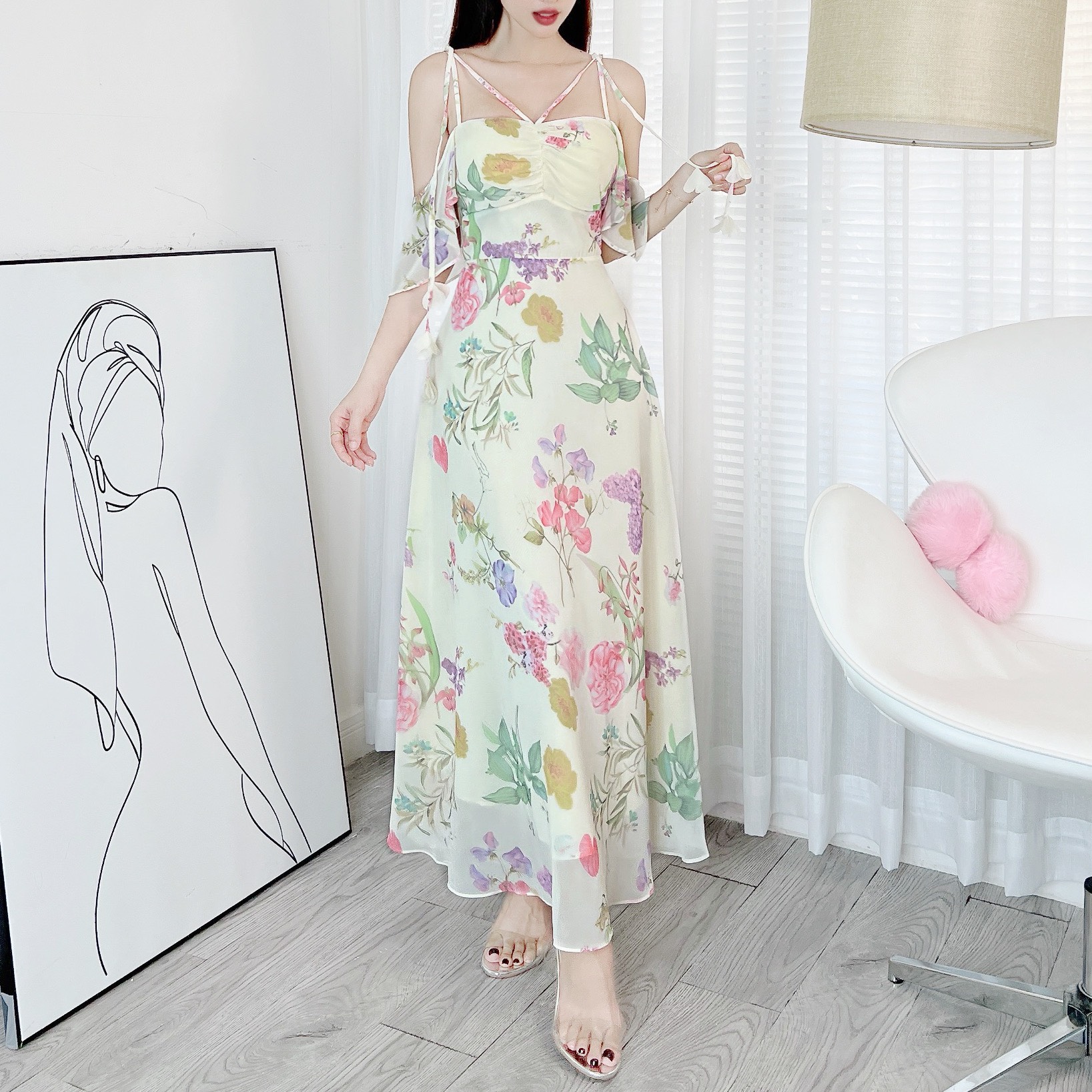 Đầm Maxi Váy In Hoa 2 Dây Trễ Vai Có Bo Chun Chất Voan Hàn + Tơ IC Đi Biển MIMIX - EG2