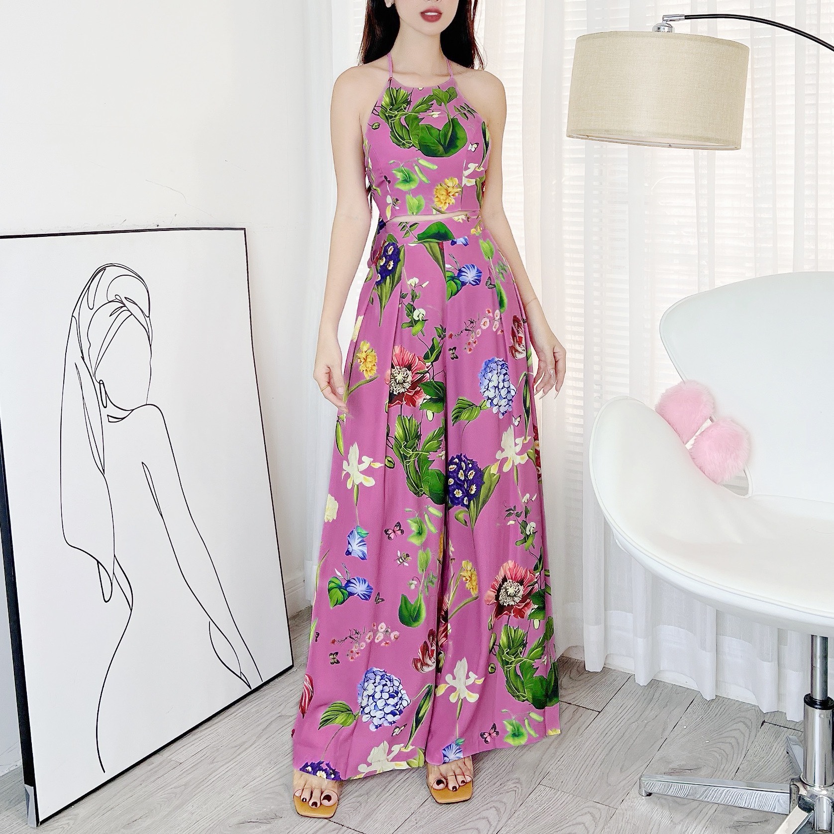 Set Bộ Nữ Áo Yếm Lưng Chéo Mix Quần Hoa Dáng Dài Chất Châu Tol Đi Biển Đi Tiệc MIMIX - BW6