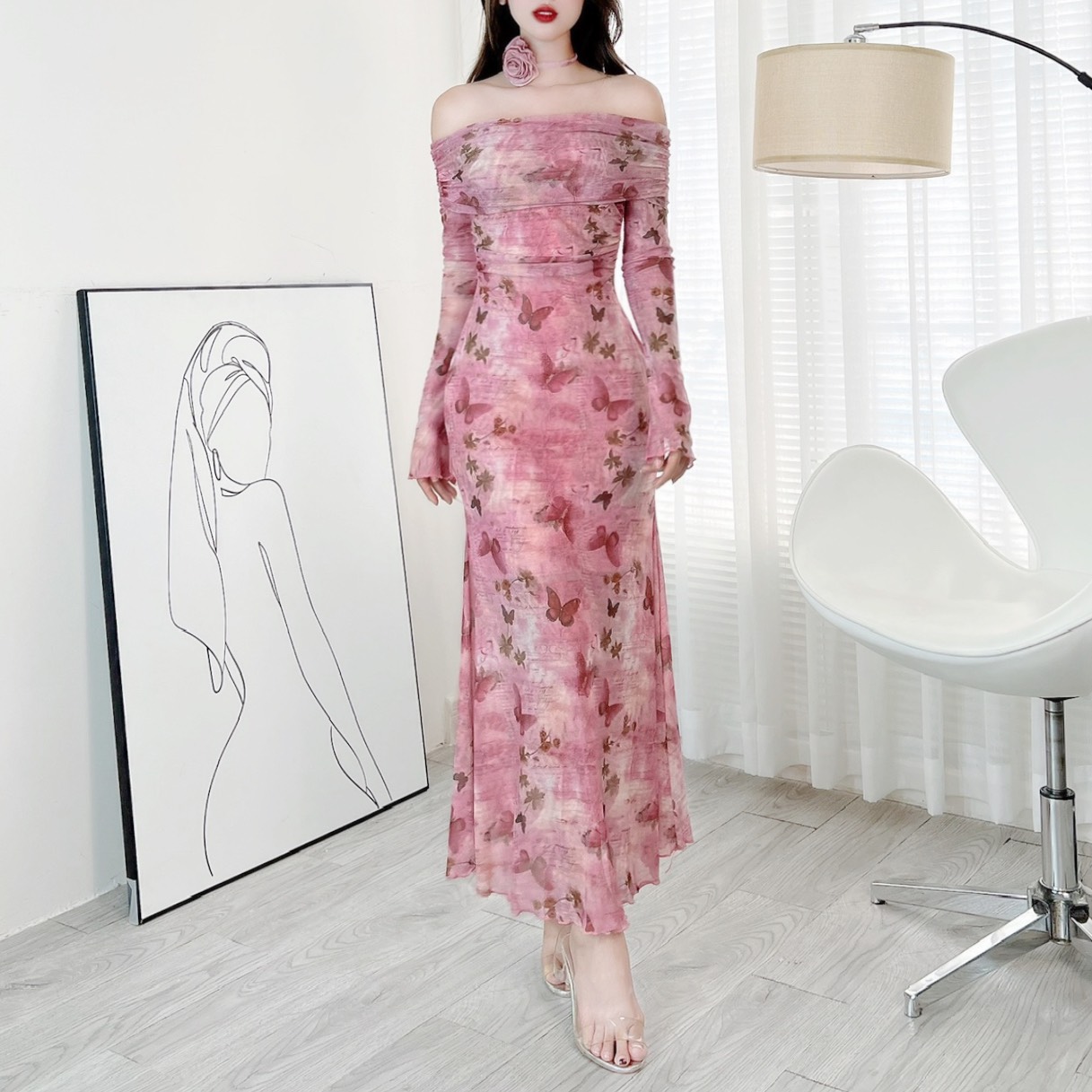 Đầm Body Tay Dài Trễ Vai Dáng Dài Chất Thun Lưới In Hoa QC Đi Tiệc Đi Du Lịch MIMIX - DZ6