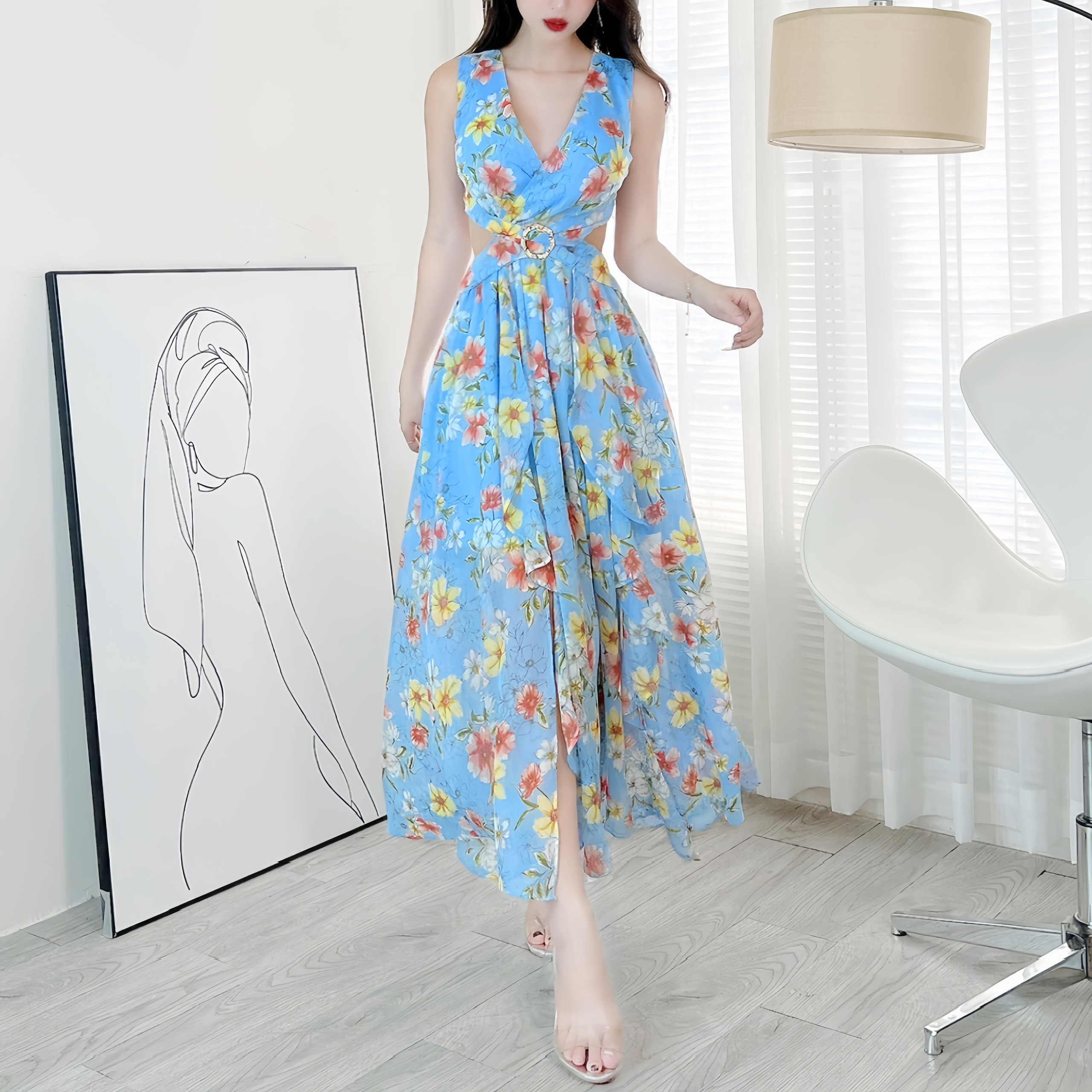 Đầm Maxi Hoa Nữ Xẻ Tà Cổ V Phối Khoen Eo Chất Tơ Ic Đi Biển MIMIX - EC7