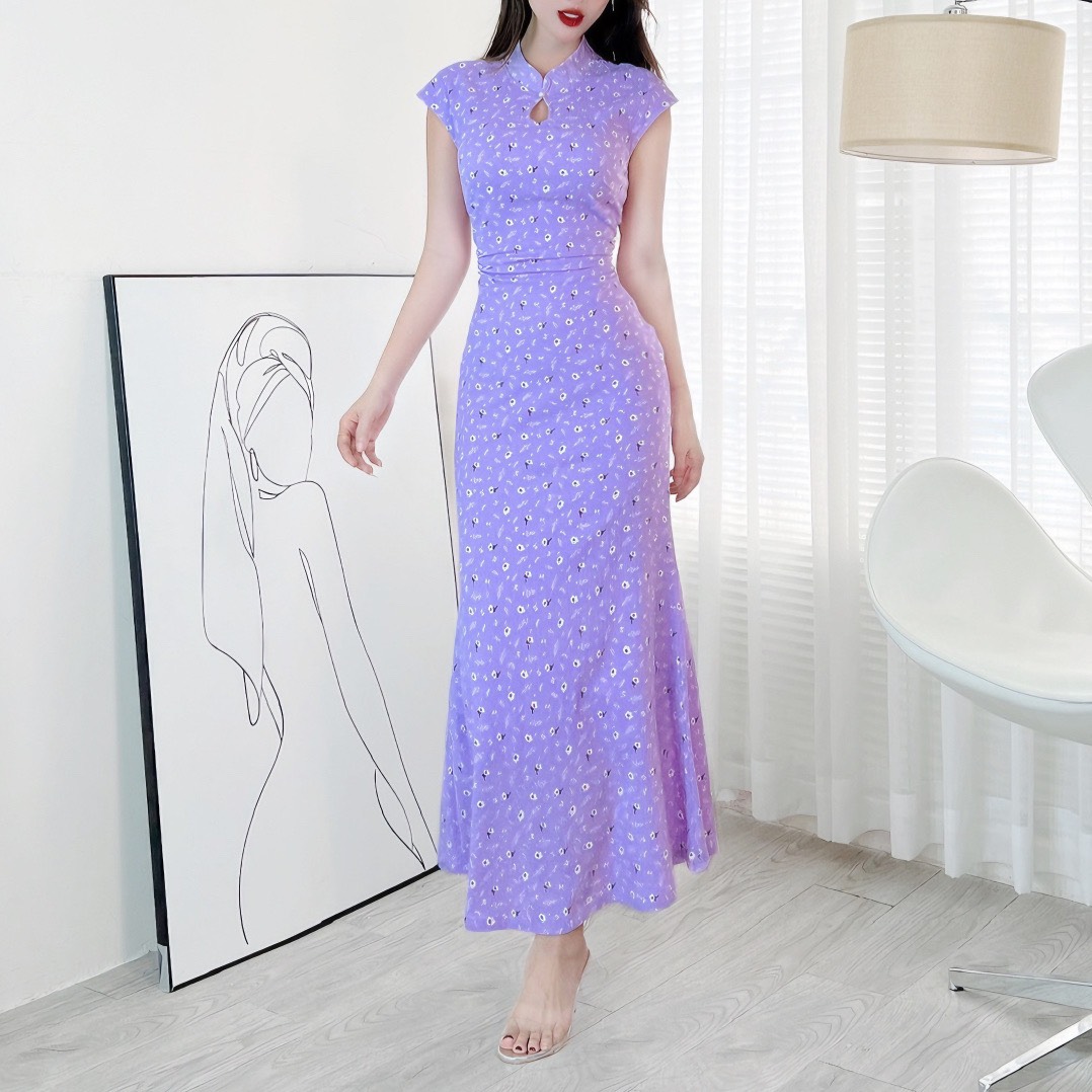 Đầm Body Hoa MIMIX Áo Cổ Tàu Giọt Nước Dáng Dài Form Đuôi Cá Tôn Dáng EI3190
