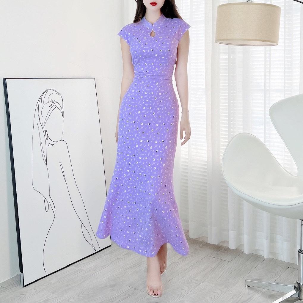 Đầm Body Hoa MIMIX Áo Cổ Tàu Giọt Nước Dáng Dài Form Đuôi Cá Tôn Dáng EI3190