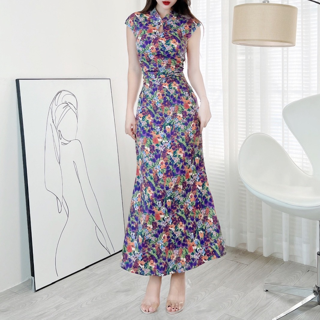 Đầm Body Hoa MIMIX Áo Cổ Tàu Giọt Nước Dáng Dài Form Đuôi Cá Tôn Dáng EI3190