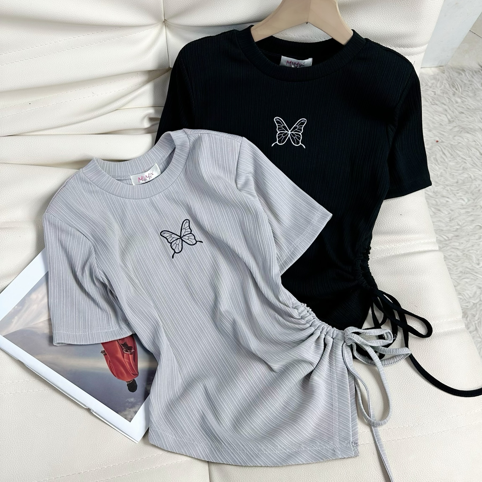  Áo Kiểu Nữ Cổ Tròn Phối Thêu Tay Ngắn Rút Chất Thun Tăm QC Đi Du Lịch MIMIX - EA3