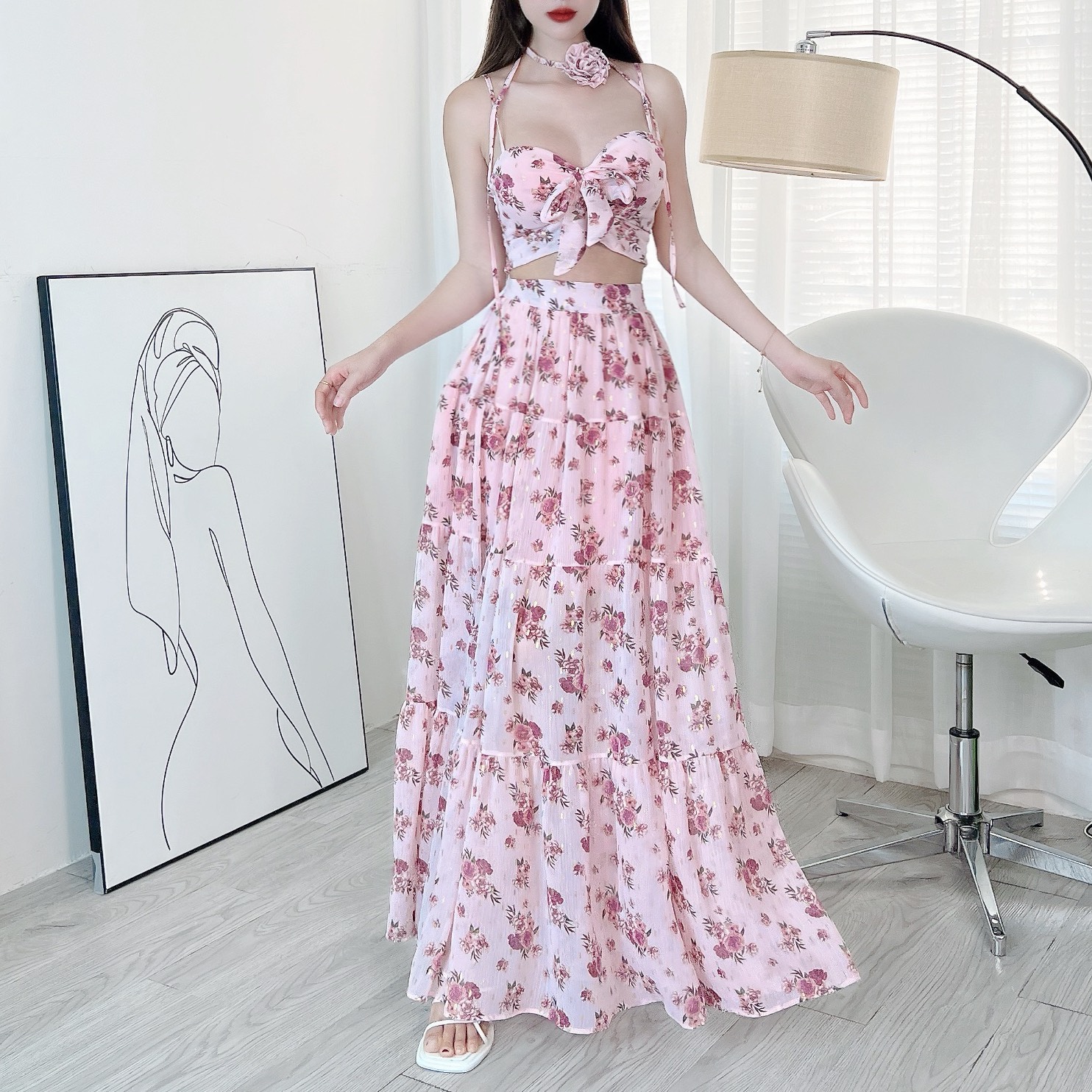 Set Váy Áo 2 Dây Mix Chân Váy Dáng Dài Xòe Chất Voan Tơ Sống Tơ Thêu Đi Biển Đi Tiệc MIMIX - EH4