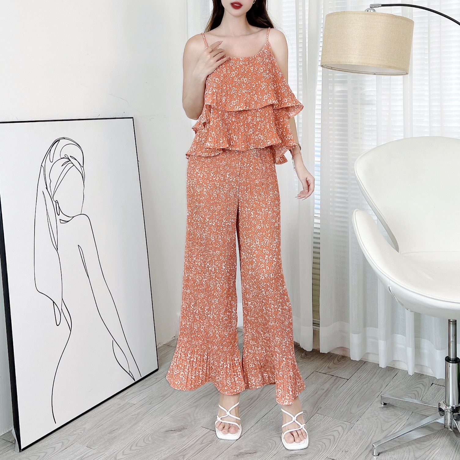Set Bộ Dập Ly Áo 2 Dây Tầng Mix Quần Dáng Dài Chất Lụa Và Tol Mặc Nhà Đi Du Lịch MIMIX - CU8