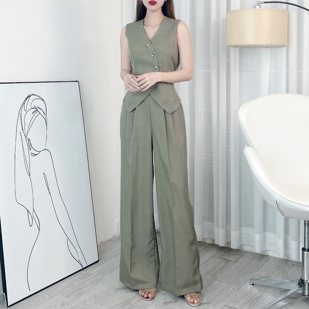 Set Bộ Gile Áo Cổ V Vạt Nhọn Phối Nút Lệch Kèm Quần Suông Dáng Dài Chất Chéo Hàn MIMIX - EJ2
