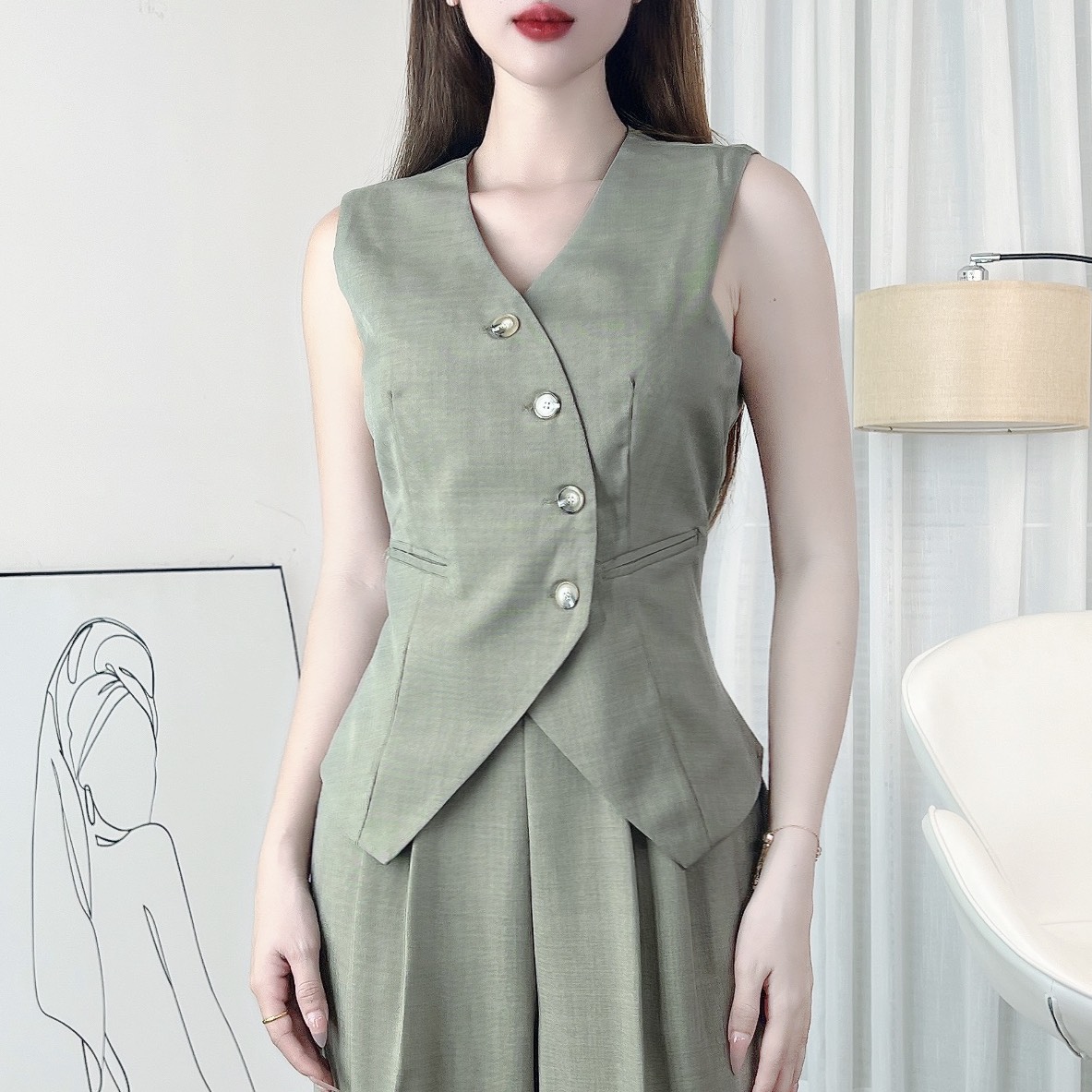 Set Bộ Gile Áo Cổ V Vạt Nhọn Phối Nút Lệch Kèm Quần Suông Dáng Dài Chất Chéo Hàn MIMIX - EJ2