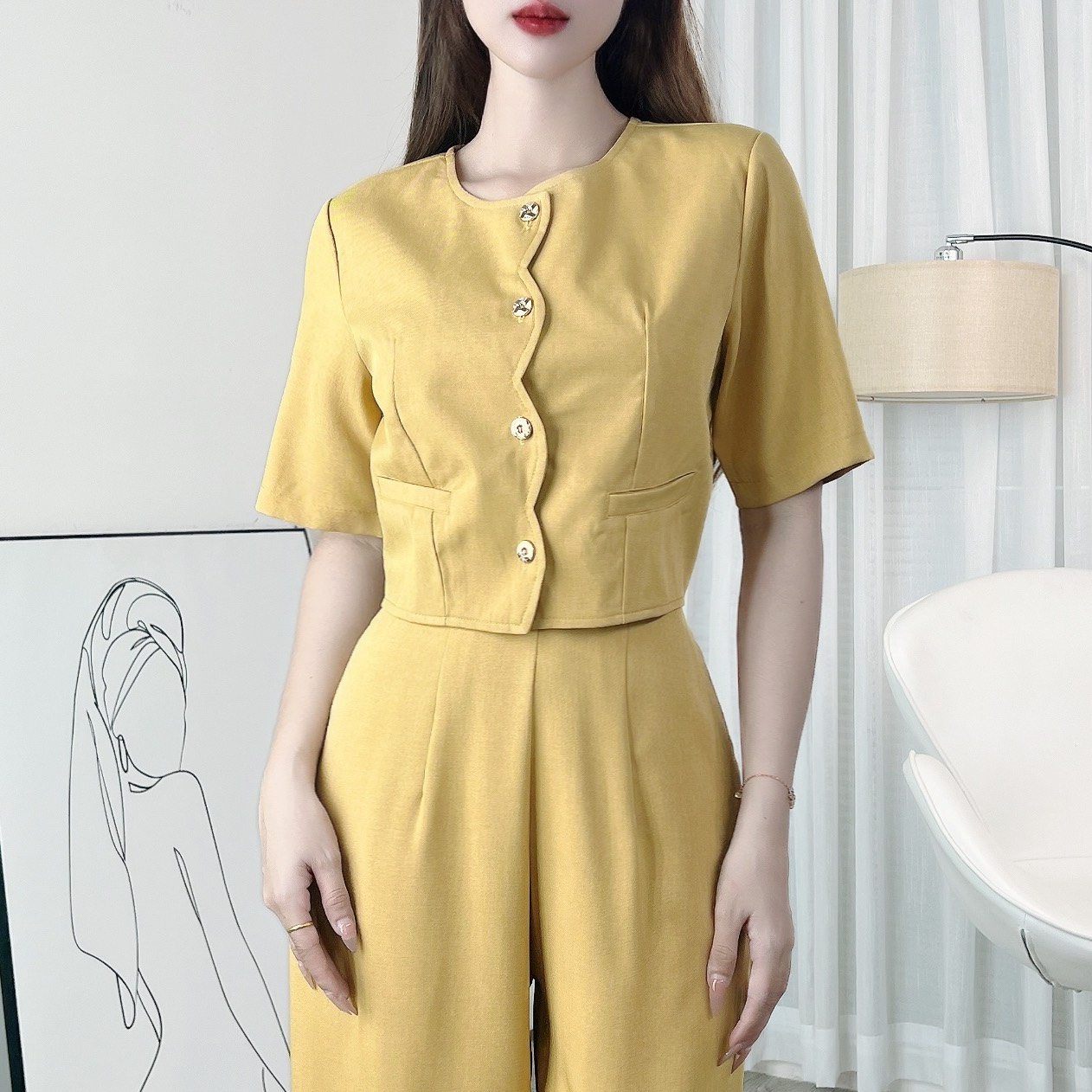Set Bộ Áo Lượn Sóng Cổ Tròn Tay Ngắn Kèm Quần Suông Dài Chất Chéo Ruby Công Sở MIMIX - EI6