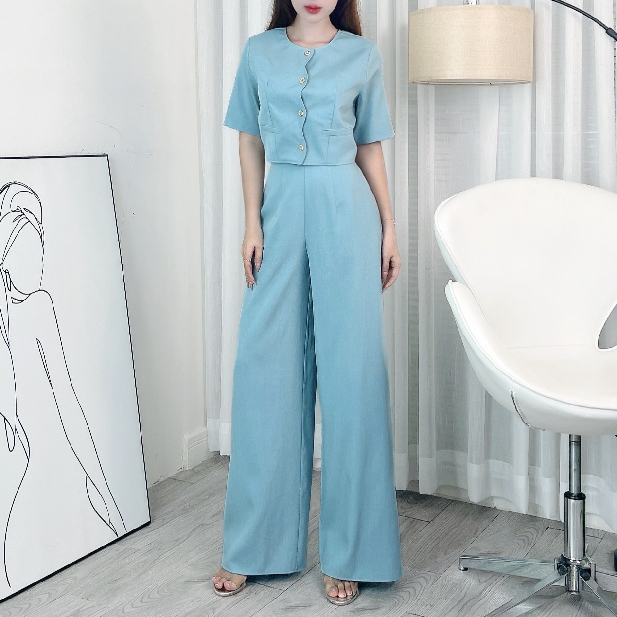 Set Bộ Áo Lượn Sóng Cổ Tròn Tay Ngắn Kèm Quần Suông Dài Chất Chéo Ruby Công Sở MIMIX - EI6