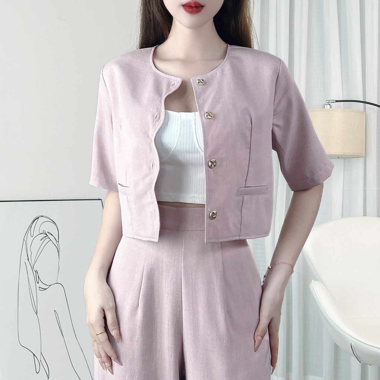 Set Bộ Áo Lượn Sóng Cổ Tròn Tay Ngắn Kèm Quần Suông Dài Chất Chéo Ruby Công Sở MIMIX - EI6
