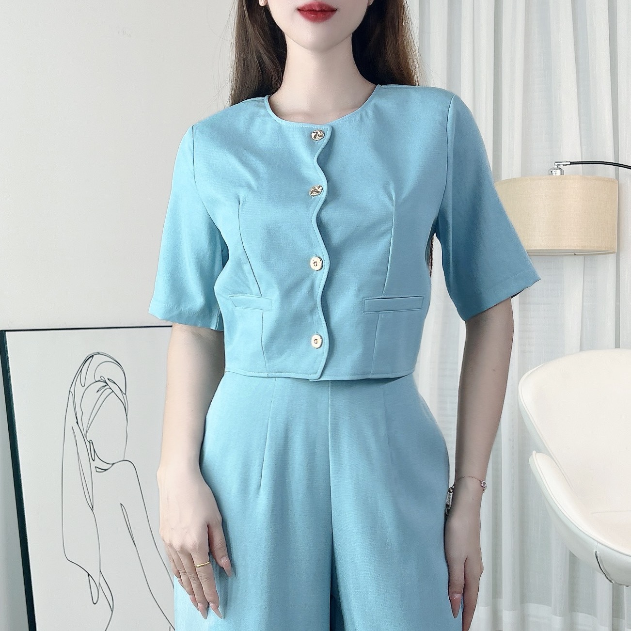 Set Bộ Áo Lượn Sóng Cổ Tròn Tay Ngắn Kèm Quần Suông Dài Chất Chéo Ruby Công Sở MIMIX - EI6