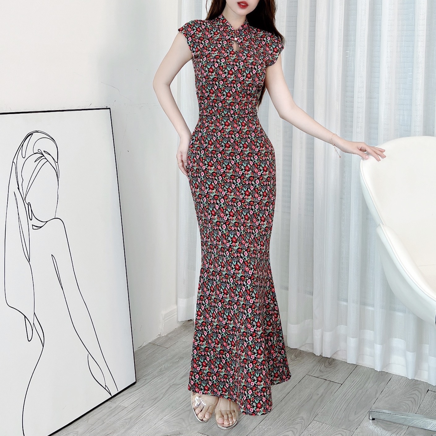 Đầm Body Hoa MIMIX Áo Cổ Tàu Giọt Nước Dáng Dài Form Đuôi Cá Tôn Dáng EI3190
