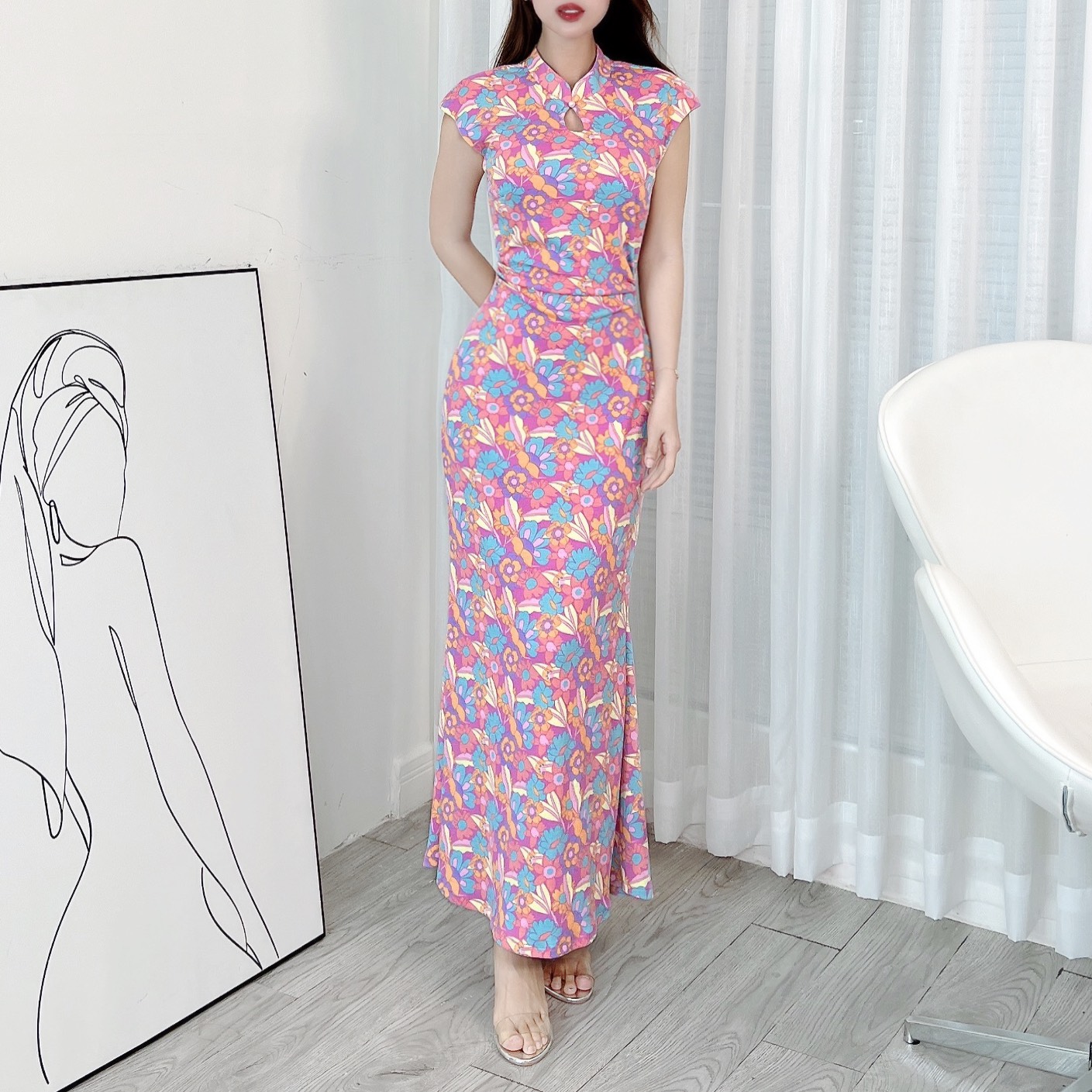 Đầm Body Hoa MIMIX Áo Cổ Tàu Giọt Nước Dáng Dài Form Đuôi Cá Tôn Dáng EI3190