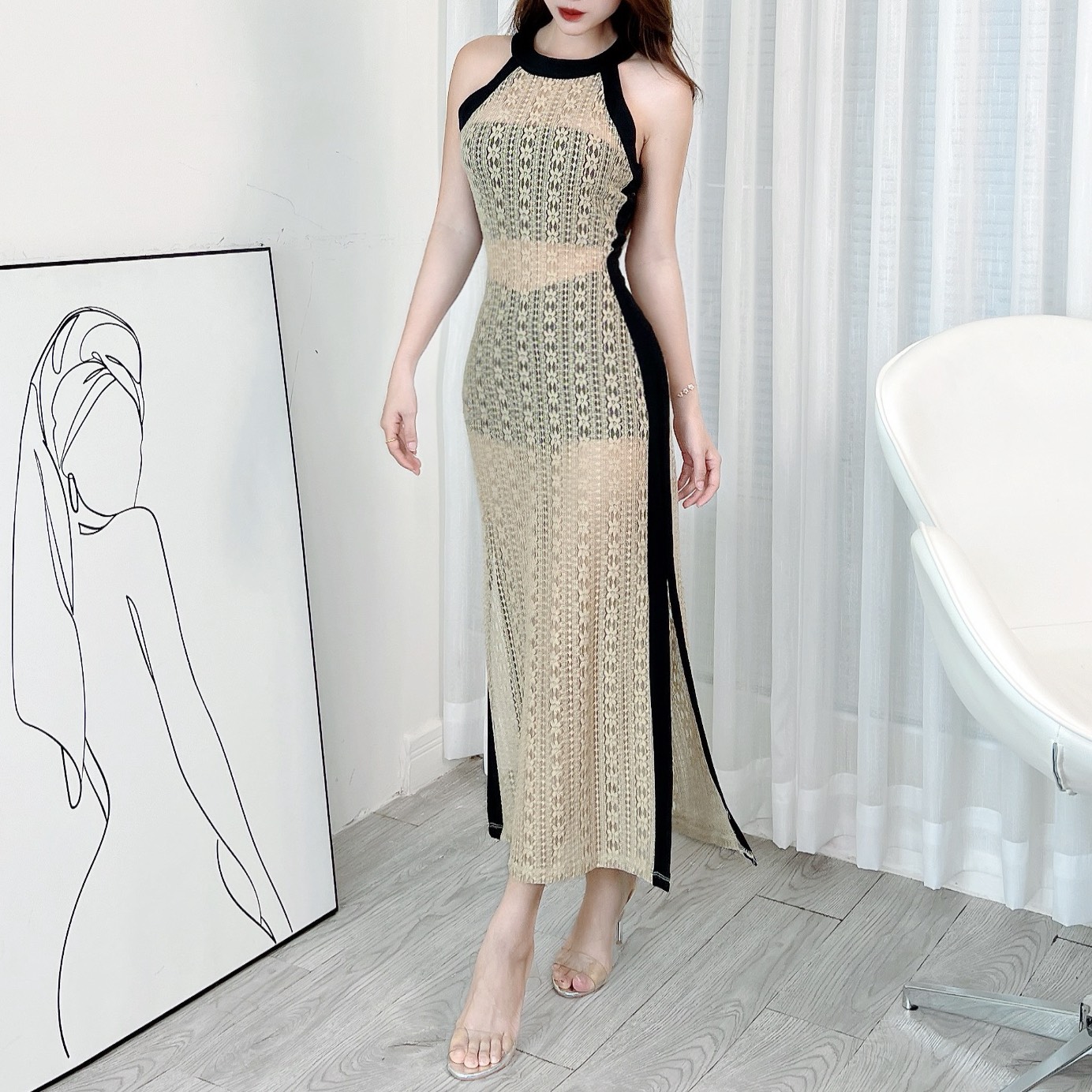 Đầm Ren Thun Xuyên Thấu Viền Đen Cổ Tròn Sát Nách Ôm Body Đi Biển MIMIX - EK3