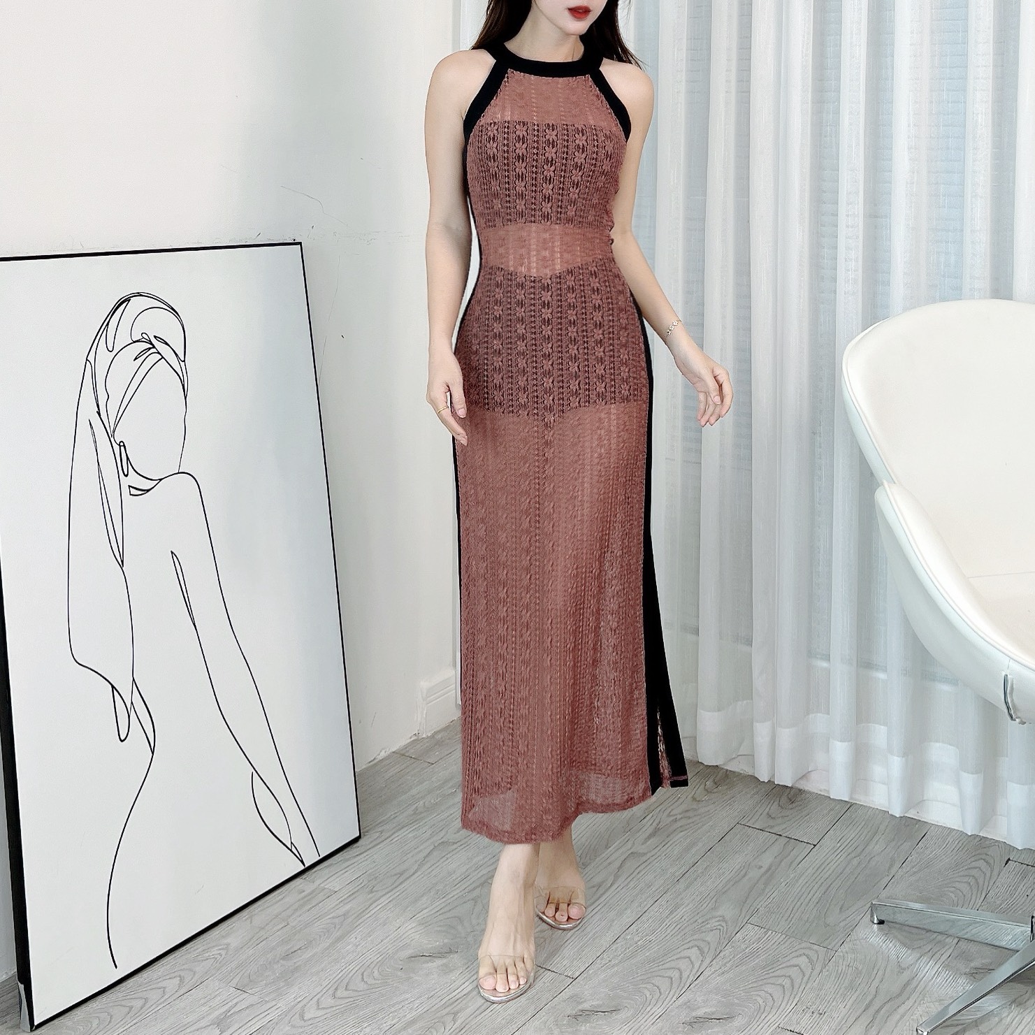 Đầm Ren Thun Xuyên Thấu Viền Đen Cổ Tròn Sát Nách Ôm Body Đi Biển MIMIX - EK3