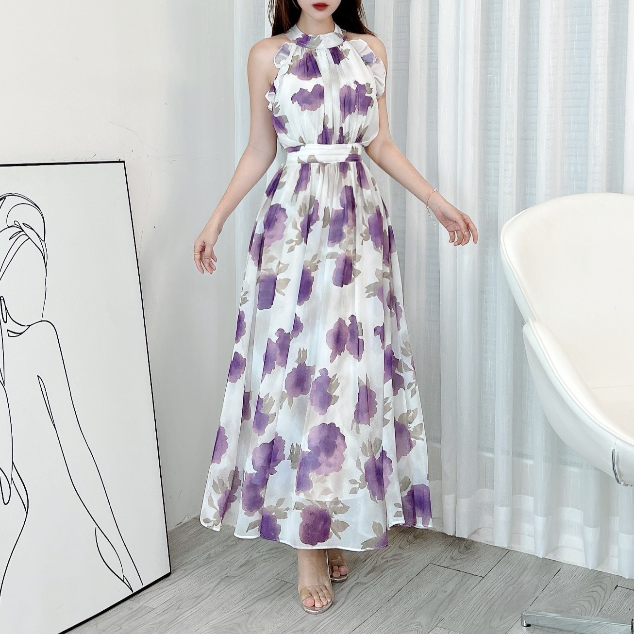 Đầm Maxi Cổ Yếm Viền Bèo Họa Tiết Hoa Chất Voan Hàn Đi Biển Đi Tiệc MIMIX - EK5