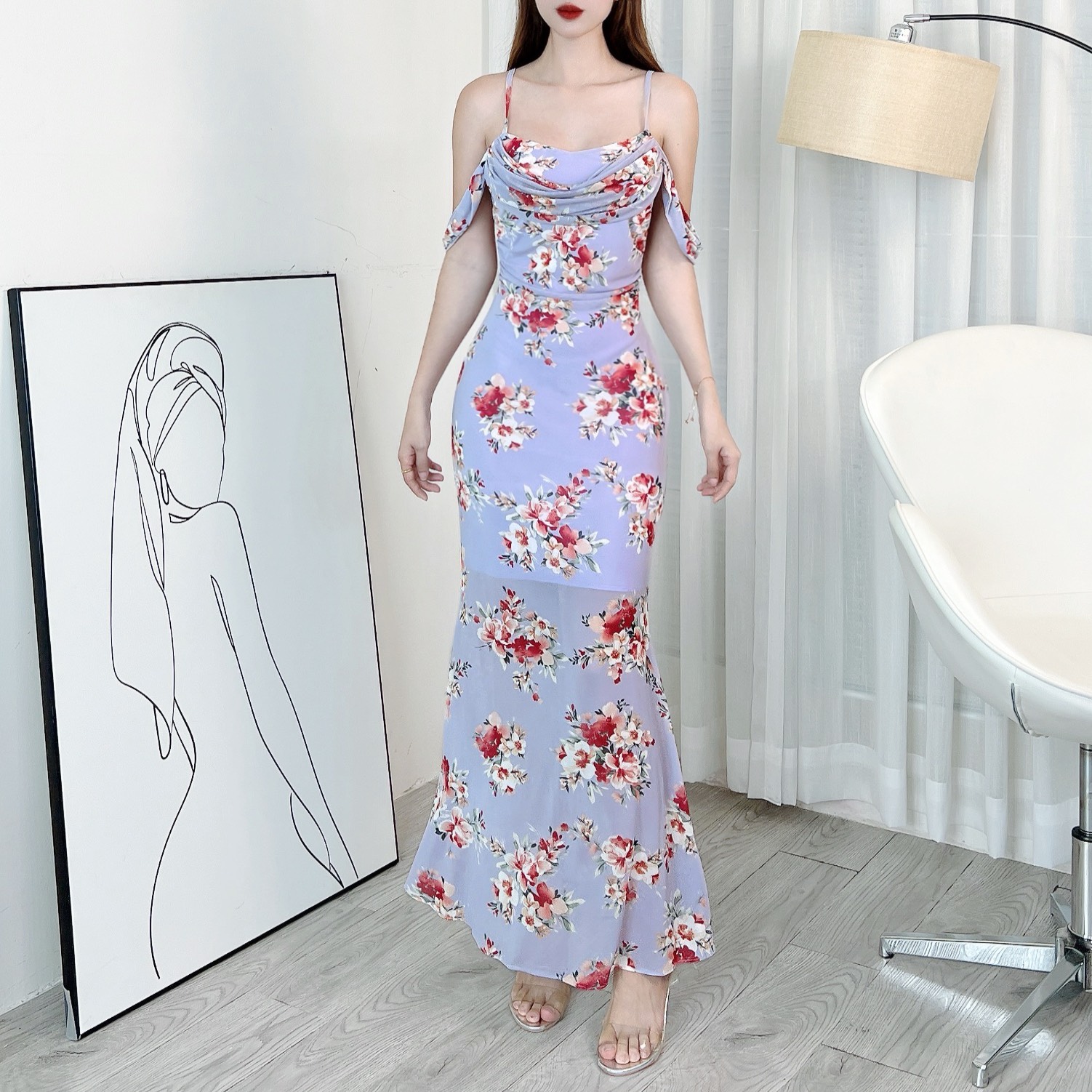 Đầm 2 Dây Hoa Cổ Đổ Rớt Tay Dáng Dài Chất Thun Lưới In Hoa Đi Tiệc Sang Trọng MIMIX - DF9