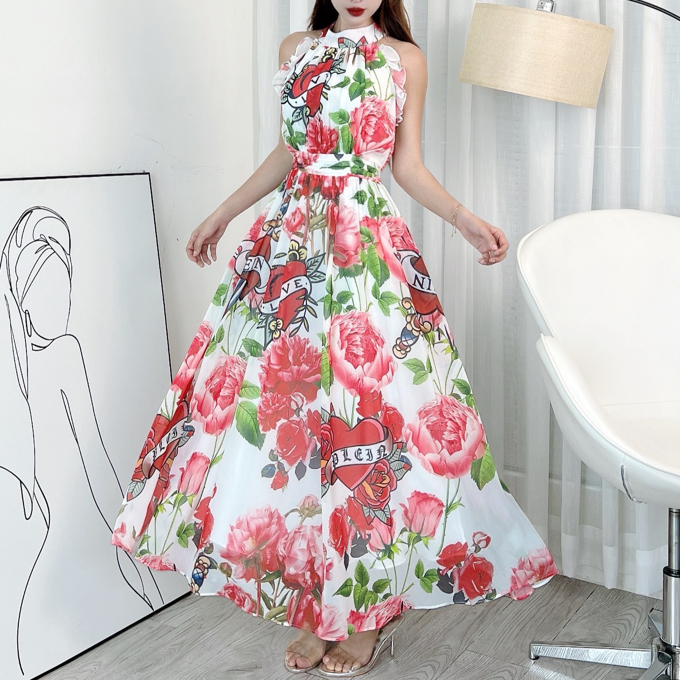 Đầm Maxi Cổ Yếm Viền Bèo Họa Tiết Hoa Chất Voan Hàn Đi Biển Đi Tiệc MIMIX - EK5