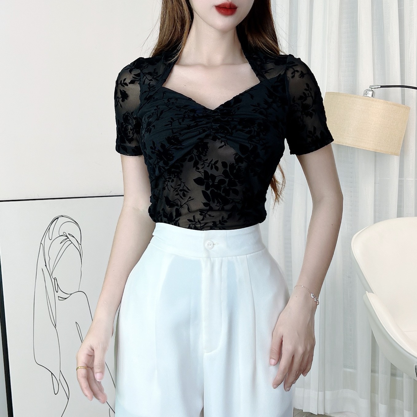 Áo Kiểu Nữ Tay Ngắn Chất Lưới Ép Nhung Đi Làm Đi Tiệc MIMIX - EK2