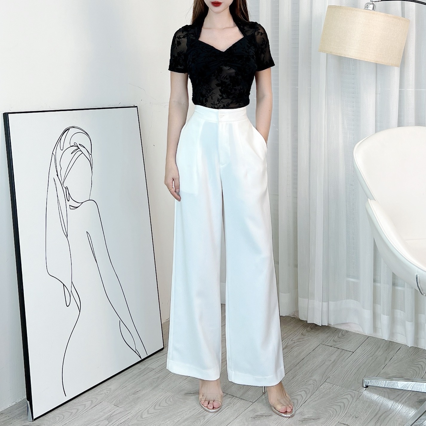 Áo Kiểu Nữ Tay Ngắn Chất Lưới Ép Nhung Đi Làm Đi Tiệc MIMIX - EK2