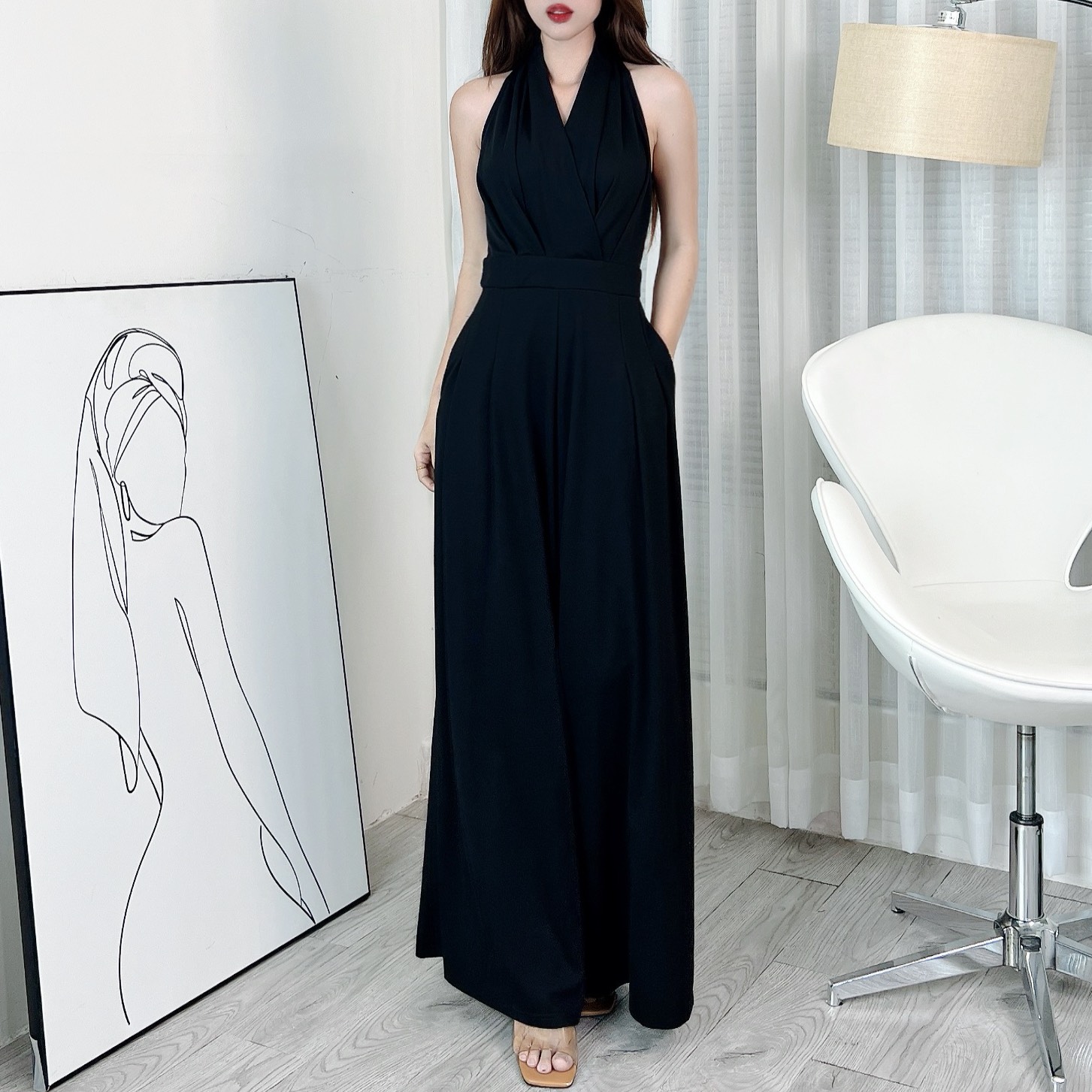 Jumpsuit Trơn Nữ Dáng Dài Sát Nách, Phối Ống Rộng Chất Thun Lụa Quảng Châu Đi Tiệc MIMIX - EK9