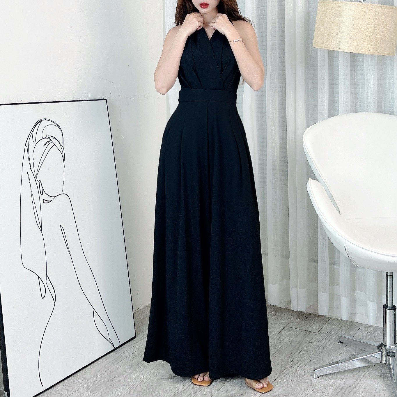 Jumpsuit Trơn Nữ Dáng Dài Sát Nách, Phối Ống Rộng Chất Thun Lụa Quảng Châu Đi Tiệc MIMIX - EK9