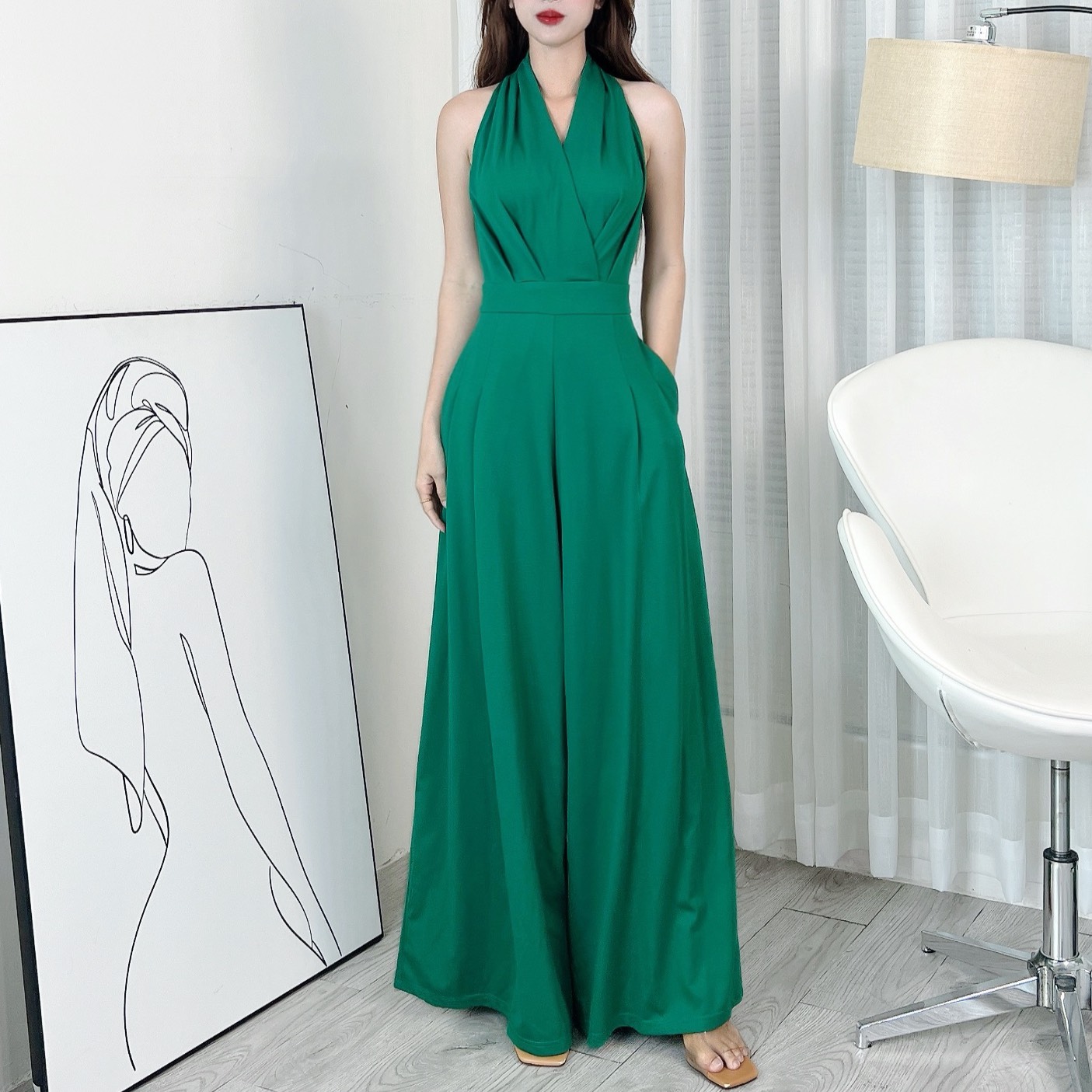 Jumpsuit Trơn Nữ Dáng Dài Sát Nách, Phối Ống Rộng Chất Thun Lụa Quảng Châu Đi Tiệc MIMIX - EK9