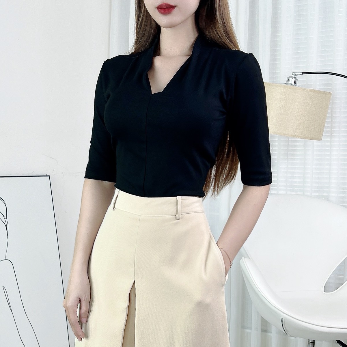 Áo Thun Nữ Cổ Tim Tay Ngắn Trơn Chất Borip QC Đi Làm Đi Du Lịch MIMIX - EI0