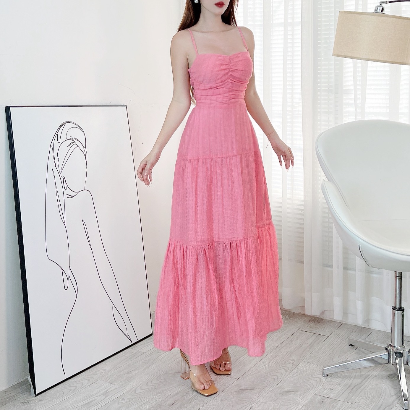 Đầm Maxi Trơn Nữ 2 Dây Cut Out Lưng Dáng Dài Xòe Có Cột Eo Chất Tơ Nhún QC Đi Biển MIMIX - EM2