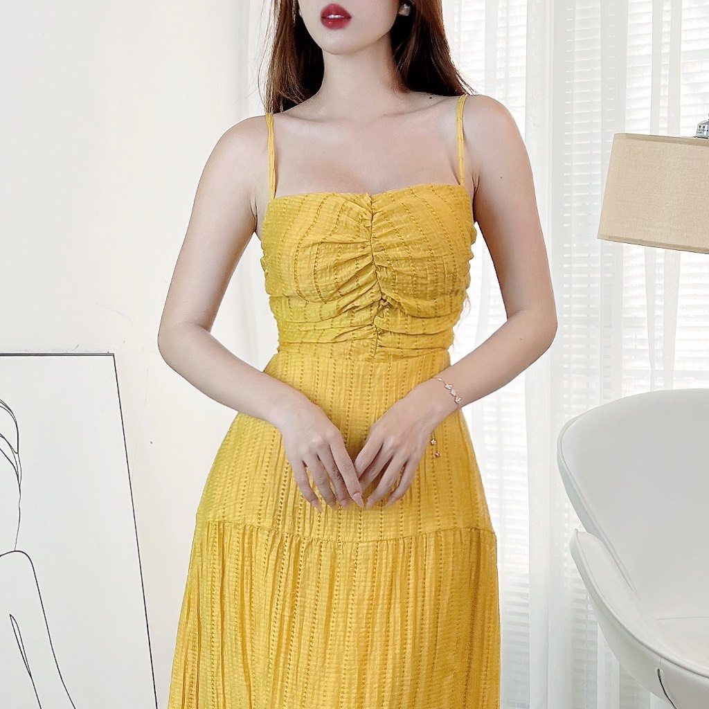 Đầm Maxi Trơn Nữ 2 Dây Cut Out Lưng Dáng Dài Xòe Có Cột Eo Chất Tơ Nhún QC Đi Biển MIMIX - EM2