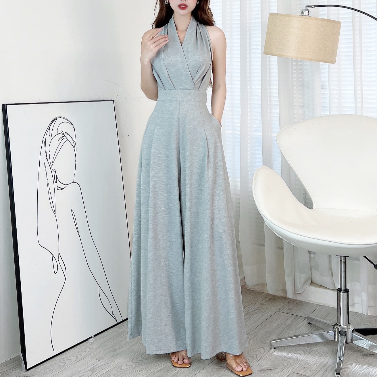 Jumpsuit Trơn Nữ Dáng Dài Sát Nách, Phối Ống Rộng Chất Thun Lụa Quảng Châu Đi Tiệc MIMIX - EK9