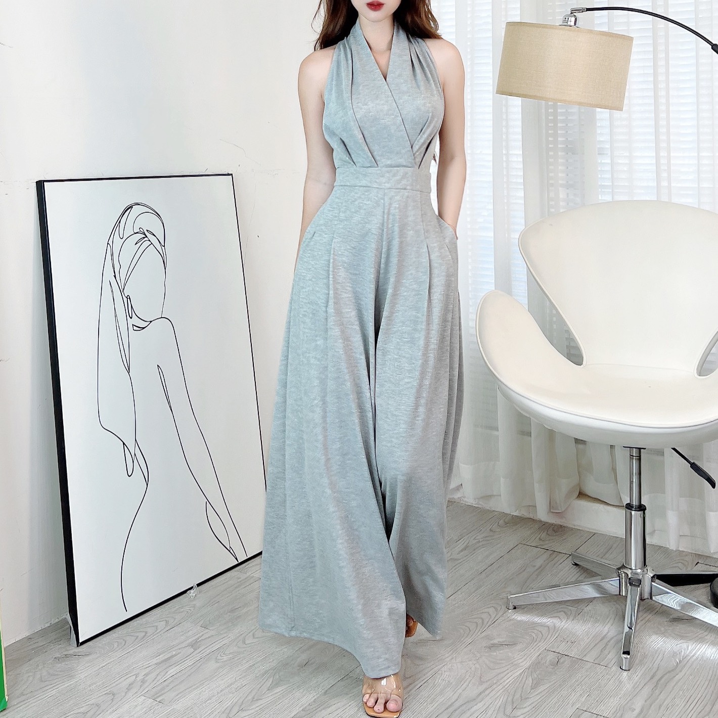 Jumpsuit Trơn Nữ Dáng Dài Sát Nách, Phối Ống Rộng Chất Thun Lụa Quảng Châu Đi Tiệc MIMIX - EK9