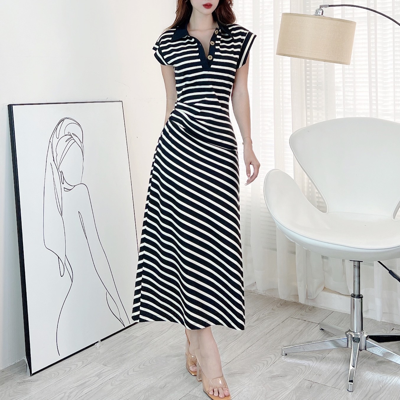 Đầm Polo Sọc Cổ Sơ Mi Tay Ngắn Phối Nhún Eo Chất Thun QC Đi Tiệc MIMIX - EM7