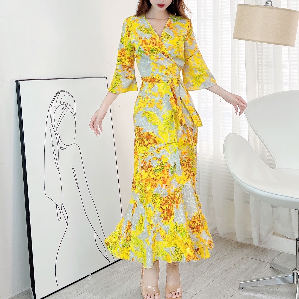 Đầm Maxi Hoa Đắp Chéo Kiểu Nữ Tay Loe Dáng Dài Đuôi Cá Chất Lụa Mango Đi Biển MIMIX - CN8