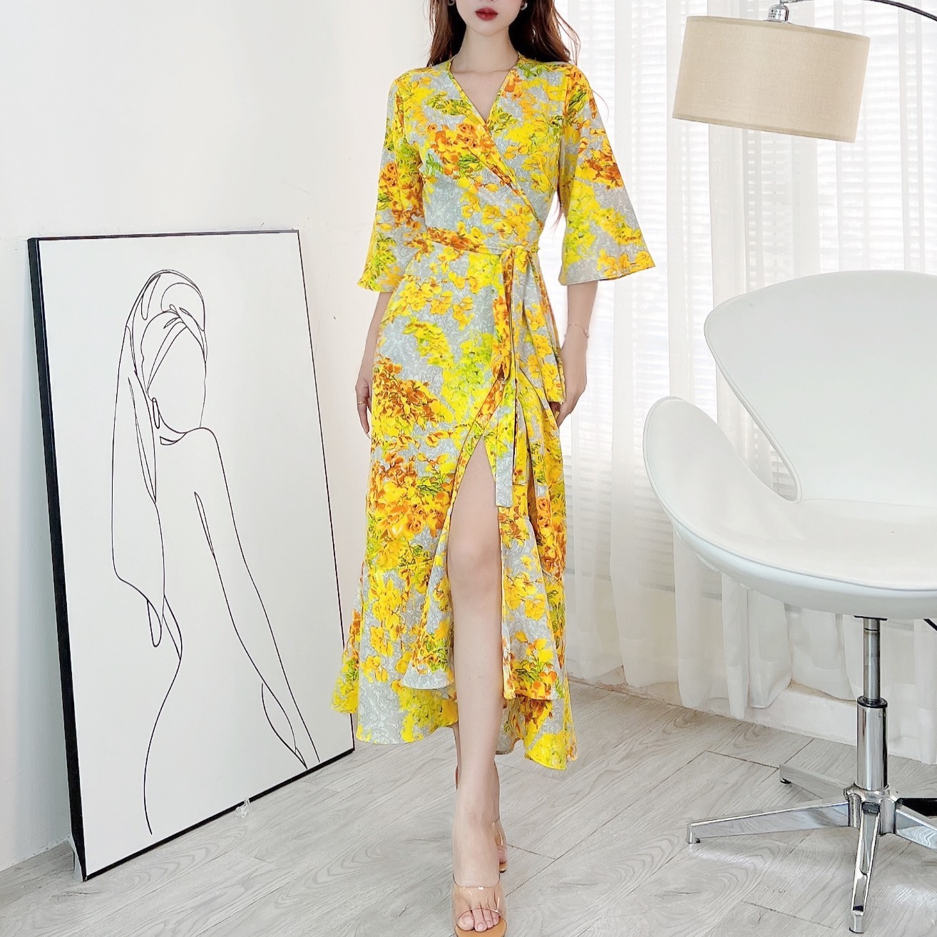 Đầm Maxi Hoa Đắp Chéo Kiểu Nữ Tay Loe Dáng Dài Đuôi Cá Chất Lụa Mango Đi Biển MIMIX - CN8