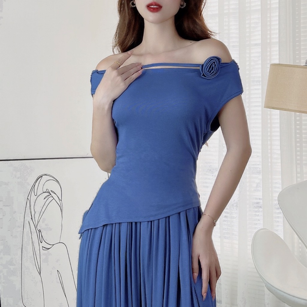 Set Bộ Trơn Áo Trễ Vai Vạt Xéo Kèm Quần Dáng Dài Chất Thun Rip Lạnh Đi Tiệc MIMIX - EK6