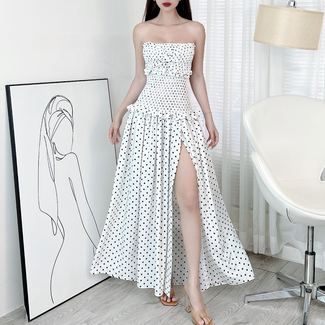 Đầm Maxi 2 Dây Chấm Bi Nhún Thân Xẻ Tà 2 Màu Chất Đũi Sọc Chấm Bi Đi Biển MIMIX - EN4