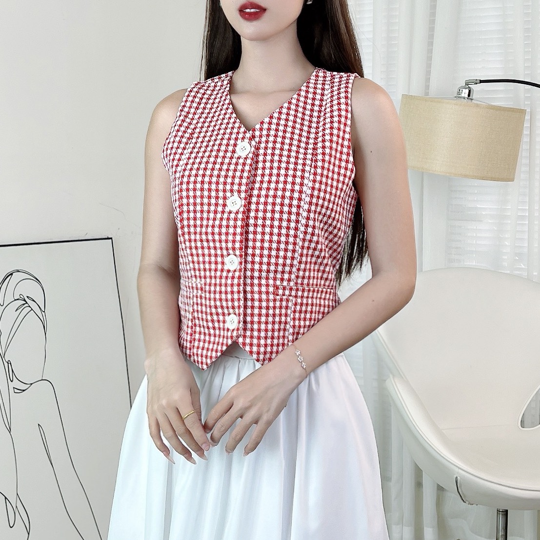 Áo Gile Caro Cổ Dạng Vest Phối Nút Chất Bố Lụa Công Sở MIMIX - EN1