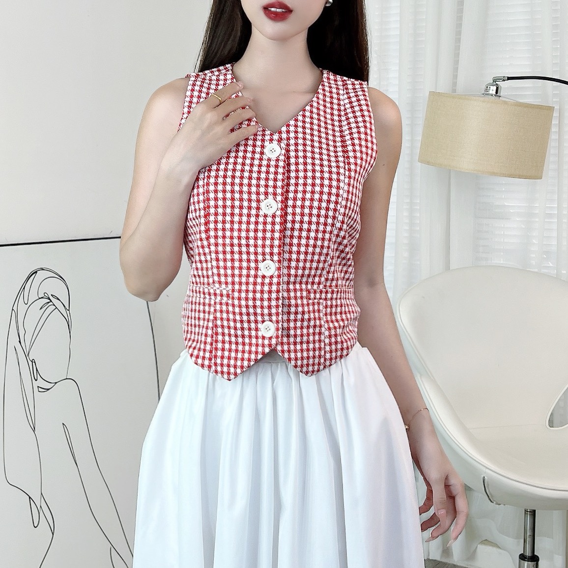 Áo Gile Caro Cổ Dạng Vest Phối Nút Chất Bố Lụa Công Sở MIMIX - EN1