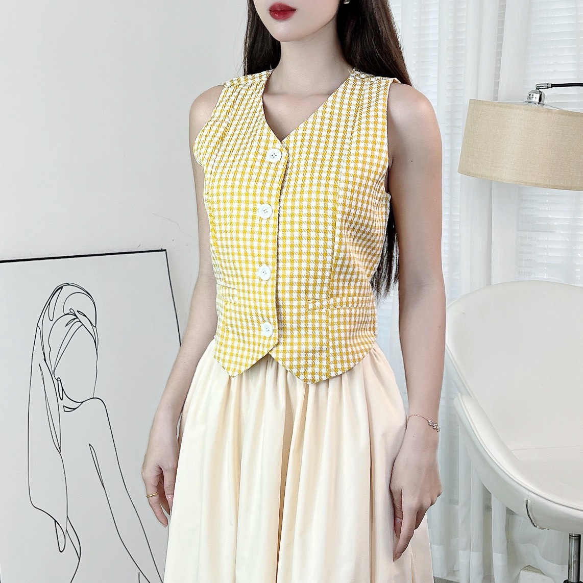 Áo Gile Caro Cổ Dạng Vest Phối Nút Chất Bố Lụa Công Sở MIMIX - EN1