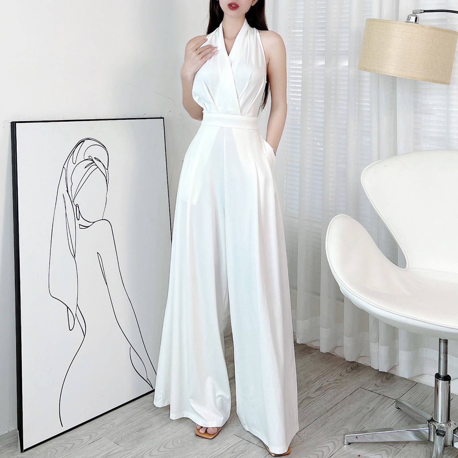 Jumpsuit Trơn Nữ Dáng Dài Sát Nách, Phối Ống Rộng Chất Thun Lụa Quảng Châu Đi Tiệc MIMIX - EK9