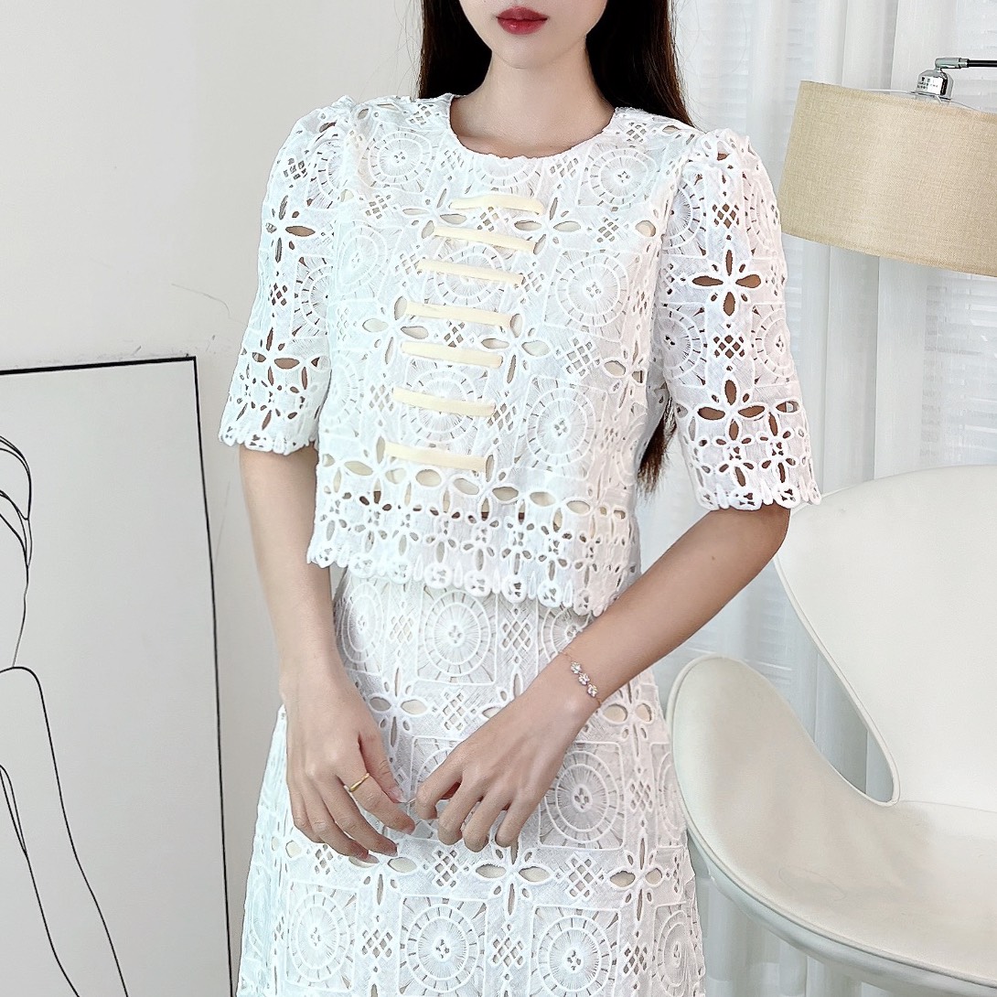 Set Váy Cổ Tròn Tay Ngắn Phối Đan Dây Kèm Chân Váy Dáng Dài Chất Ren Cotton Quảng Châu Đi Tiệc MIMIX - EP3