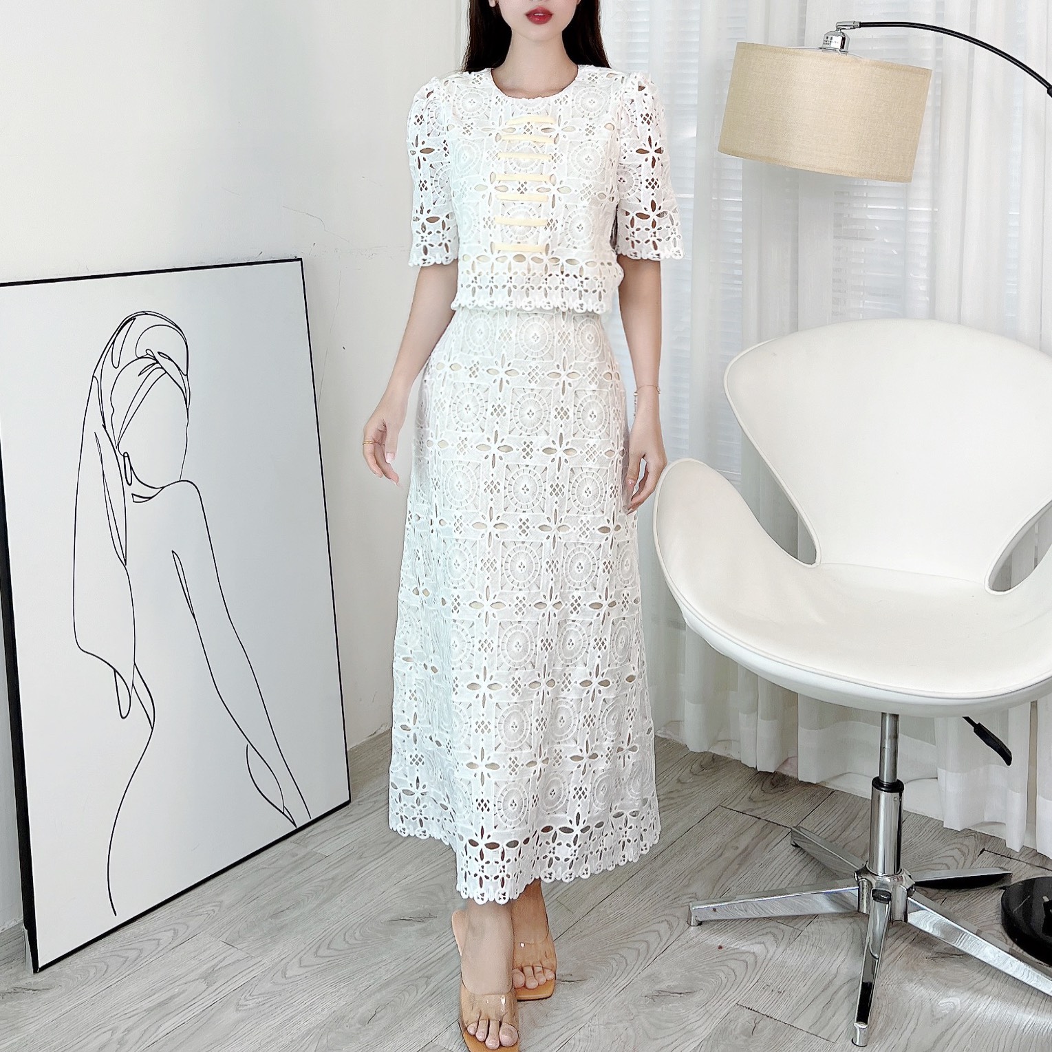 Set Váy Cổ Tròn Tay Ngắn Phối Đan Dây Kèm Chân Váy Dáng Dài Chất Ren Cotton Quảng Châu Đi Tiệc MIMIX - EP3