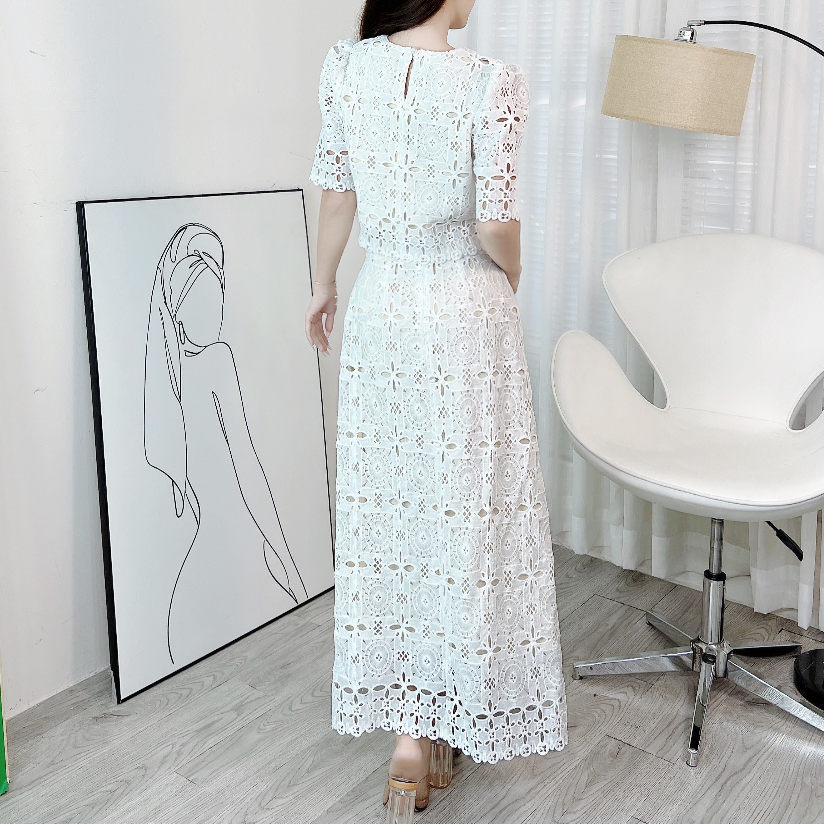 Set Váy Cổ Tròn Tay Ngắn Phối Đan Dây Kèm Chân Váy Dáng Dài Chất Ren Cotton Quảng Châu Đi Tiệc MIMIX - EP3