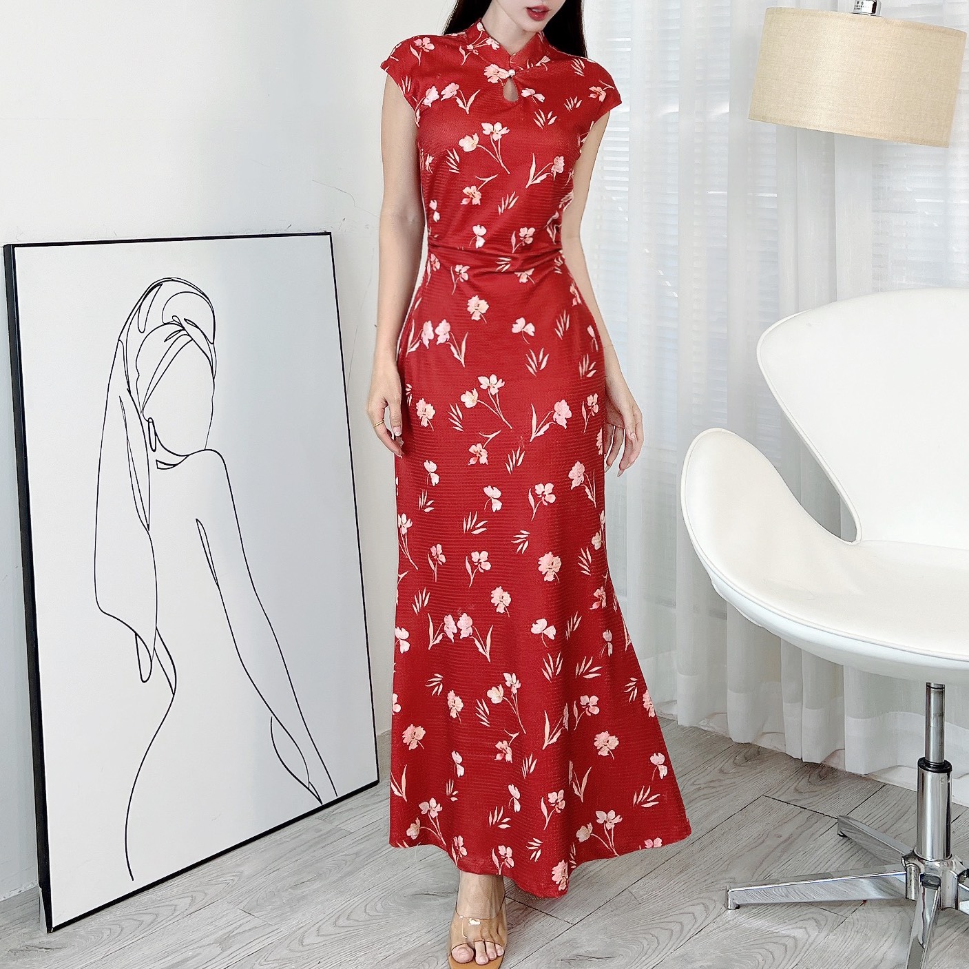 Đầm Body Hoa Váy Nhún Eo Cổ Tàu Giọt Nước Dáng Dài Đuôi Cá Chất Thun Lụa Mịn QC - EN2