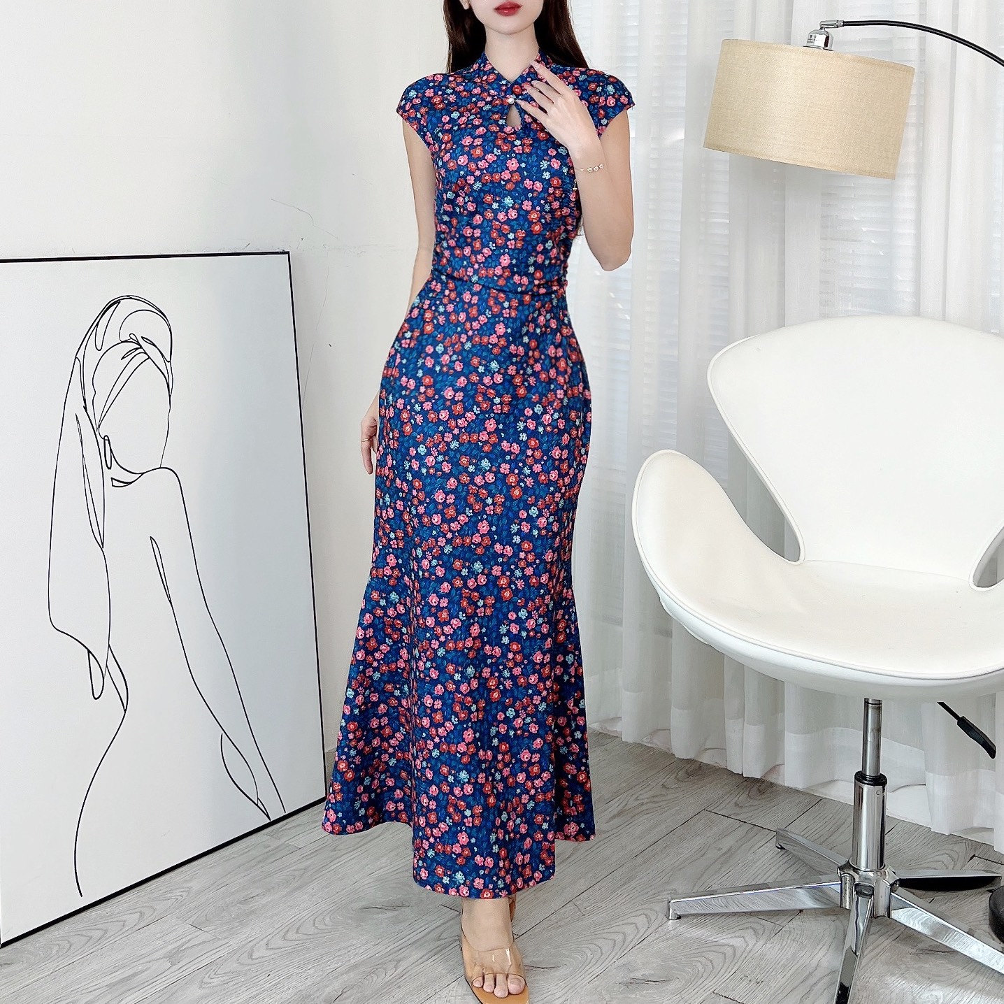 Đầm Body Hoa Váy Nhún Eo Cổ Tàu Giọt Nước Dáng Dài Đuôi Cá Chất Thun Lụa Mịn QC - EN2