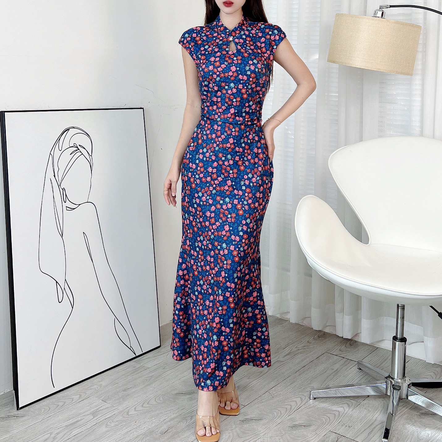 Đầm Body Hoa Váy Nhún Eo Cổ Tàu Giọt Nước Dáng Dài Đuôi Cá Chất Thun Lụa Mịn QC - EN2
