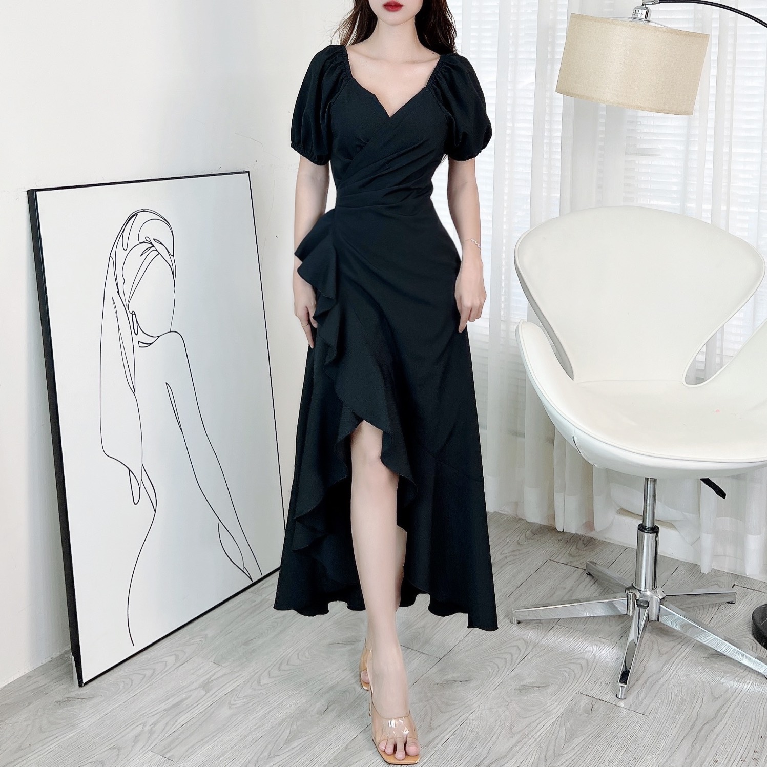 Đầm Maxi Đắp Chéo Viền Bèo Tay Bí 3 Màu Chất Đũi Vân Gỗ Đi Biển MIMIX - EO2